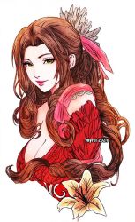Rule 34 | 1girl, aerith gainsborough, alternate costume, artist name, braid, braided ponytail, breasts, brown hair, cleavage, dress, feather dress, final fantasy, final fantasy vii, flower, green eyes, hair ribbon, large breasts, long hair, looking at viewer, parted bangs, pink lips, pink ribbon, portrait, red dress, ribbon, sidelocks, smile, solo, square enix, upper body, vhyrel, wavy hair, white background, yellow flower