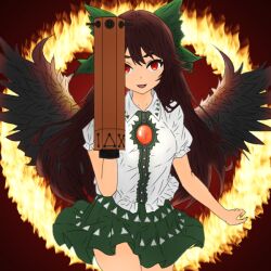 Rule 34 | 1girl, arm cannon, bird wings, black wings, bow, breasts, brown hair, collared shirt, commentary, control rod, cowboy shot, fire, green bow, green skirt, hair bow, hanamiya hisui, hand up, long hair, looking at viewer, medium bangs, medium breasts, miniskirt, open mouth, red eyes, reiuji utsuho, ring of fire, shirt, short sleeves, skirt, smile, solo, third eye, touhou, weapon, white shirt, wings