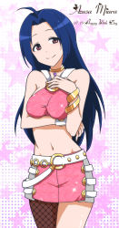 Rule 34 | 1girl, ahoge, alternate hair length, alternate hairstyle, asymmetrical legwear, bare shoulders, blue hair, bracelet, breast hold, breasts, character name, crop top, dated, fishnet pantyhose, fishnets, happy birthday, idolmaster, idolmaster (classic), jewelry, kidachi, long hair, looking at viewer, midriff, miura azusa, navel, pantyhose, purple eyes, shiny skin, shirt, single leg pantyhose, smile, solo, taut clothes, taut shirt, uneven legwear