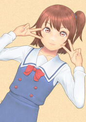 Rule 34 | 1girl, blue dress, bow, bowtie, commentary request, double v, dress, highres, hoshino hinata, looking at viewer, one side up, pinafore dress, pink eyes, red bow, red bowtie, red hair, sailor collar, sleeveless, sleeveless dress, smile, solo, uzuki mei, v, watashi ni tenshi ga maiorita!, white sailor collar