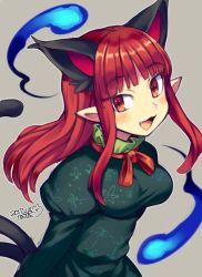 Rule 34 | 1girl, :3, :d, alternate hairstyle, animal ears, blunt bangs, blush, breasts, cat ears, cat tail, commentary request, dated, dress, extra ears, fang, floral print, green dress, grey background, hair down, hitodama, iroyopon, juliet sleeves, kaenbyou rin, long hair, long sleeves, looking at viewer, medium breasts, multiple tails, neck ribbon, nekomata, open mouth, outline, pointy ears, puffy sleeves, red eyes, red hair, red ribbon, ribbon, sidelocks, signature, simple background, smile, solo, tail, touhou, two tails, upper body, white outline