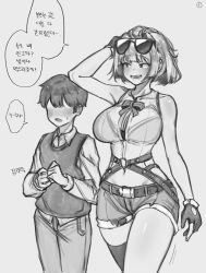 Rule 34 | 1boy, 1girl, :d, age difference, bare shoulders, blush, bow, breasts, child, eonsang, eyewear on head, faceless, faceless male, girls&#039; frontline, gloves, greyscale, grizzly mkv (girls&#039; frontline), highres, korean text, large breasts, midriff, monochrome, navel, onee-shota, open mouth, short hair, short shorts, shorts, single thighhigh, sleeveless, smile, striped, striped bow, sunglasses, sweatdrop, tall female, thighhighs, thighs, translation request