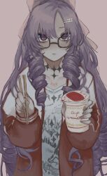 Rule 34 | 1girl, chopsticks, cup, cup ramen, drill hair, glasses, highres, holding, holding chopsticks, holding cup, hyakumantenbara salome, hyakumantenbara salome (casual), jacket, long hair, multicolored clothes, multicolored jacket, nijisanji, pink background, purple hair, red jacket, shirt, solo, swallowx000, twin drills, two-tone jacket, very long hair, white shirt