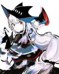 Rule 34 | 1girl, arknights, black dress, brush stroke, capelet, dress, gloves, hat, highres, long hair, looking at viewer, looking back, low tied hair, partially colored, red eyes, sidelocks, sideways glance, simple background, skadi (arknights), smile, solo, tetuw, white background, white hair