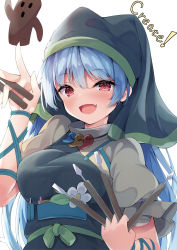 Rule 34 | 1girl, belt, blue hair, chisel, fang, flower, green belt, green scarf, haniyasushin keiki, head scarf, highres, holding, jewelry, long hair, looking at viewer, madotsukumo, magatama, magatama necklace, necklace, open mouth, puffy short sleeves, puffy sleeves, red eyes, scarf, short sleeves, simple background, smile, solo, tools, touhou, upper body, white background, wood carving tool