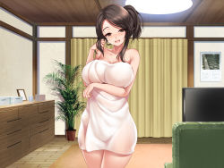 Rule 34 | 1girl, adjusting hair, black eyes, black hair, blush, breast hold, breasts, carpet, casual nudity, cle masahiro, cleavage, couch, cowboy shot, curtains, eyebrows, hair up, happy, highres, huge breasts, indoors, kateikyoushi saki no okaa-san to, legs, long hair, looking at viewer, nude, open mouth, plant, smile, solo, standing, television, thighs, towel