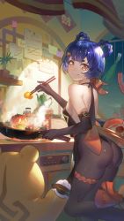 Rule 34 | 1girl, 4others, alternate costume, apron, artist request, ass, bare shoulders, blue hair, blush, braid, breasts, chopsticks, elbow gloves, food, genshin impact, gloves, guoba (genshin impact), hair rings, highres, leotard, looking down, multiple others, orange eyes, pantyhose, shiny clothes, shiny skin, short hair, sideboob, slime (genshin impact), smile, tears, twin braids, xiangling (genshin impact)