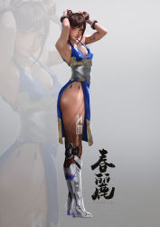 Rule 34 | 1girl, absurdres, adapted costume, arm tattoo, armpits, arms behind head, arms up, blue dress, bracelet, breasts, brown eyes, brown hair, capcom, chinese clothes, chun-li, commentary, commentary request, covered erect nipples, cyborg, double bun, dress, english commentary, full body, hair bun, high heels, highres, jewelry, johnson ting, joints, lips, looking at viewer, mechanical legs, pelvic curtain, realistic, robot joints, sash, short hair, sleeveless, sleeveless dress, small breasts, solo, strap gap, street fighter, tattoo, zoom layer