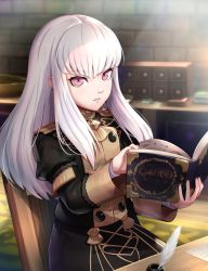 Rule 34 | 1girl, blush, book, epaulettes, feathers, fire emblem, fire emblem: three houses, gonzarez, highres, jacket, long hair, long sleeves, looking at viewer, lysithea von ordelia, nintendo, pink eyes, purple eyes, simple background, solo, uniform, upper body, white hair