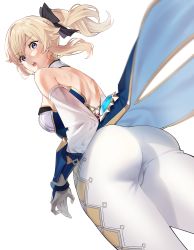 Rule 34 | 1girl, absurdres, ass, back, bare shoulders, blonde hair, blue eyes, blush, bow, breasts, corset, gauntlets, genshin impact, hair bow, highres, jean (genshin impact), jewelry, large breasts, long hair, looking at viewer, looking back, open mouth, pants, pendant, ponytail, sidelocks, sino42, solo, strapless, thighs, tight clothes, tight pants, vision (genshin impact), white pants