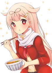 Rule 34 | 000 (jicasoe), 10s, 1girl, :t, absurdres, alternate costume, blonde hair, blunt bangs, blush, bowl, chopsticks, closed mouth, eating, eyebrows, food, hair flaps, hair ornament, hair ribbon, hairclip, highres, holding, holding bowl, jacket, kantai collection, long hair, long sleeves, looking at viewer, neckerchief, open clothes, open jacket, pet bowl, red eyes, red jacket, red neckerchief, ribbon, scarf, solo, sparkle, symbol-shaped pupils, tareme, upper body, very long hair, white scarf, yuudachi (kancolle), yuudachi kai ni (kancolle)