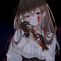 Rule 34 | 1girl, ahoge, black background, black gloves, blood, blood on clothes, blood on face, bloody weapon, breasts, brown corset, brown eyes, brown hair, cleavage, cleavage cutout, clothing cutout, corset, crossed bangs, dagger, fingernails, flower, gloves, grin, highres, holding, holding dagger, holding knife, holding weapon, hololive, hololive english, knife, long hair, looking at viewer, medium breasts, multicolored hair, nanashi mumei, nanashi mumei (1st costume), official alternate hairstyle, partially fingerless gloves, shirt, smile, solo, streaked hair, very long hair, virtual youtuber, weapon, white shirt, xsilentred