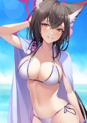 Rule 34 | 1girl, animal ears, arm up, banned artist, bikini, black hair, blue archive, blue sky, blush, breasts, brown eyes, cloud, commentary request, day, grin, kyoeiki, large breasts, long hair, looking at viewer, navel, outdoors, side-tie bikini bottom, sky, smile, solo, stomach, swimsuit, upper body, very long hair, wakamo (blue archive), wakamo (swimsuit) (blue archive), white bikini
