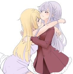 Rule 34 | &gt; &lt;, 2girls, arms around neck, assault lily, bare arms, bare shoulders, belt, blanket, blonde hair, blouse, blush, braid, closed eyes, closed mouth, commentary, cowboy shot, dress, english commentary, face-to-face, frilled skirt, frills, grey hair, grey ribbon, hair ribbon, hands up, high-waist skirt, kanba girls high school uniform, kon kanaho, light smile, long hair, long sleeves, miniskirt, miyagawa takane, multiple girls, nightgown, open mouth, outstretched arm, purple dress, red belt, red shirt, red skirt, ribbon, school uniform, shirt, side braid, sidelocks, simple background, sitting, sketch, skirt, sleeveless, sleeveless dress, spaghetti strap, standing, strap slip, teru (teru3sei), waking another, white background, yuri