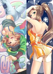 Rule 34 | 10s, 2girls, ;d, arm up, ass, back, badge, bare shoulders, blush, breakdance, breasts, brown eyes, brown hair, button badge, choker, cleavage, collarbone, elbow gloves, from behind, gloves, graffiti, green eyes, hakkaku shikimi, hand on own hip, handstand, hat, hood, hoodie, idolmaster, idolmaster cinderella girls, komatsu ibuki, long hair, looking back, matsuyama kumiko, medium breasts, midriff, multiple girls, one arm handstand, one eye closed, open mouth, ponytail, shirt, smile, smiley face, sparkle, striped clothes, striped shirt, tucking hair, twintails, upside-down, wink