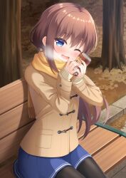 Rule 34 | 1girl, 7fuji 06, autumn, bench, blue eyes, blush, breath, brown hair, can, can to cheek, canned coffee, coat, drink can, duffel coat, enpera, highres, holding, holding can, long hair, long sleeves, looking at viewer, on bench, one eye closed, open mouth, original, outdoors, pantyhose, pleated skirt, scarf, sitting, skirt, smile, solo, tree, very long hair