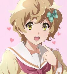 Rule 34 | 1girl, blonde hair, bow, green bow, green eyes, hair ornament, hand up, heart, hibike! euphonium, index finger raised, kawashima sapphire, kitauji high school uniform, long sleeves, looking at viewer, neckerchief, open mouth, pink neckerchief, pointing, pointing at self, polka dot, polka dot bow, school uniform, shirt, simple background, smile, solo, usagihop, watermark, yellow shirt