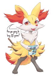 Rule 34 | 1girl, animal ear fluff, animal ears, animal feet, animal hands, animal nose, black fur, body fur, braixen, claws, creatures (company), english text, fangs, feet, female focus, flat chest, fox ears, fox girl, fox tail, full body, game freak, gen 6 pokemon, happy, highres, holding, legs apart, looking at viewer, multicolored fur, neck fur, nintendo, open mouth, pokemon, pokemon (creature), pokken tournament, red eyes, simple background, smile, snout, solo, standing, stick, stoic5, tail, talking, toes, video game cover (object), white background, white fur, yellow fur