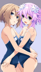 Rule 34 | 2girls, bare shoulders, blanc (neptunia), blue eyes, blush, breasts, brown hair, d-pad, d-pad hair ornament, hair ornament, highres, hug, iwashi dorobou -r-, looking at viewer, multiple girls, neptune (neptunia), neptune (series), one-piece swimsuit, open mouth, pink hair, school swimsuit, short hair, short hair with long locks, small breasts, smile, swimsuit