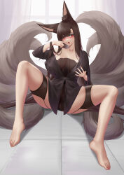 Rule 34 | 1girl, absurdres, akagi (azur lane), animal ears, azur lane, bare legs, bare shoulders, barefoot, blush, breasts, brown hair, collar, covered erect nipples, dress, finger to mouth, fox ears, fox girl, fox tail, full body, garter straps, grabbing own breast, hair between eyes, hand up, highres, ichikushi mojibake, kitsune, large breasts, leash, legs, licking, licking finger, long hair, looking at viewer, m legs, multiple tails, no bra, no panties, off shoulder, pussy, red eyes, see-through, see-through dress, sitting, skindentation, slit pupils, solo, spread legs, tail, thighs, very long hair