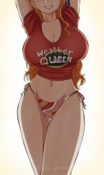 Rule 34 | 1girl, alternate costume, arm tattoo, arms up, bikini, bikini under clothes, breasts, brown eyes, brown hair, cleavage, commentary, day, earrings, english commentary, english text, highres, hiyozuki, jewelry, large breasts, legs together, long hair, looking at viewer, nami (one piece), navel, official alternate costume, one piece, outdoors, print shirt, red shirt, shirt, side-tie bikini bottom, smile, solo, striped bikini, striped clothes, swimsuit, tattoo, thong, thong bikini, very long hair, wet, wide hips