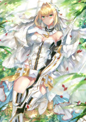 Rule 34 | 1girl, absurdres, aestus estus, ahoge, bare shoulders, belt, blonde hair, blush, breasts, bridal veil, chain, cleavage, closed mouth, detached sleeves, elbow gloves, fate/extra, fate/extra ccc, fate (series), flower wreath, full-length zipper, gloves, green eyes, hair intakes, hand on own chest, head wreath, highleg, highleg leotard, highres, hitomin (ksws7544), huge filesize, large breasts, leotard, lock, long hair, looking at viewer, loose belt, nero claudius (bride) (fate), nero claudius (bride) (second ascension) (fate), nero claudius (fate), nero claudius (fate) (all), padlock, puffy detached sleeves, puffy sleeves, smile, sword, thighhighs, thighs, veil, weapon, white gloves, white leotard, white sleeves, white thighhighs, wide sleeves, zipper
