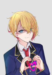 Rule 34 | 1boy, blonde hair, blue jacket, closed mouth, collared jacket, collared shirt, commentary, grey background, hair over one eye, heart, heart hands, highres, hoshino aquamarine, jacket, long sleeves, necktie, oshi no ko, red necktie, school uniform, sherryqq, shirt, short hair, simple background, solo, wavy mouth, white shirt, youtou high school uniform