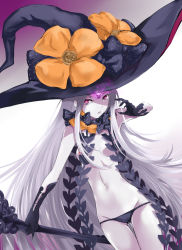 Rule 34 | 1girl, abigail williams (fate), abigail williams (third ascension) (fate), areola slip, black bow, black panties, bow, fate/grand order, fate (series), fengya, grey hair, hat, highres, holding, keyhole, long hair, looking at viewer, navel, orange bow, pale skin, panties, pink eyes, polka dot, polka dot bow, solo, underwear, very long hair, witch hat