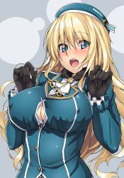 Rule 34 | 10s, 1girl, atago (kancolle), black gloves, blonde hair, blush, breasts, buttons, cleavage, cleavage cutout, clothing cutout, covered erect nipples, gloves, green eyes, hands up, hat, huge breasts, kantai collection, long hair, military, military uniform, open mouth, revision, satou samu, solo, uniform