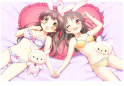 Rule 34 | 2girls, :d, :o, animal ears, bad id, bad pixiv id, blush, bow, bow bra, bow panties, bra, brown eyes, brown hair, fang, frilled pillow, frills, heart, heart-shaped pillow, highres, holding hands, lingerie, long hair, lying, multiple girls, navel, on back, one eye closed, open mouth, original, panties, pillow, polka dot, polka dot bra, polka dot panties, purple bra, purple panties, rabbit ears, smile, striped bra, striped clothes, striped panties, stuffed animal, stuffed rabbit, stuffed toy, underwear, underwear only, usashiro mani, vertical-striped bra, vertical-striped clothes, vertical-striped panties, wink, yellow bra, yellow eyes, yellow panties
