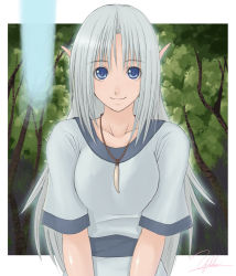 Rule 34 | blue eyes, elf, jewelry, long hair, necklace, original, pointy ears, signature, silver hair, smile, solo, tree, yukihiro