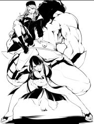 Rule 34 | 1boy, 2girls, bare pectorals, bowalia, breasts, carrying, cleavage, downblouse, fate/grand order, fate/stay night, fate (series), greyscale, heavy, heracles (fate), illyasviel von einzbern, large breasts, lifting person, long hair, martha (fate), martha (swimsuit ruler) (fate), monochrome, multiple girls, muscular, navel, open mouth, pectorals, size difference, very long hair