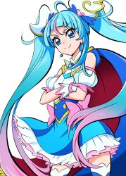 Rule 34 | 1girl, absurdres, ahoge, arudebido, blue cape, blue dress, blue eyes, blue hair, blue thighhighs, bow, brooch, cape, commentary, cowboy shot, cure sky, detached sleeves, doyagao, dress, earrings, frilled dress, frills, gloves, highres, hirogaru sky! precure, jewelry, long hair, looking at viewer, magical girl, multicolored hair, pink bow, pink hair, precure, puffy detached sleeves, puffy sleeves, red cape, short dress, simple background, single earring, single sidelock, sleeveless, sleeveless dress, smirk, smug, solo, sora harewataru, standing, streaked hair, thighhighs, twintails, two-sided cape, two-sided fabric, very long hair, white background, white gloves, wind, wing hair ornament