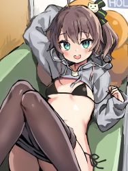 Rule 34 | 1girl, :d, ahoge, aqua eyes, arm behind head, ayaoshiro, bikini, black bikini, blush, breasts, brown hair, brown pantyhose, clothes pull, couch, highres, hololive, hood, hoodie, knees together feet apart, long hair, long sleeves, looking at viewer, lying, natsuiro matsuri, on back, on couch, open mouth, pantyhose, pantyhose pull, side-tie bikini bottom, side ponytail, small breasts, smile, solo, swimsuit, untied bikini, untying, virtual youtuber