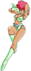 Rule 34 | 1girl, armlet, belt, blue belt, boots, bracelet, breasts, cleavage, dirty pair, dokite tsukasa, gloves, green footwear, green gloves, green ribbon, green shirt, green shorts, hair ribbon, highres, jewelry, kei (dirty pair), medium breasts, navel, official art, red eyes, red hair, ribbon, shirt, short hair, short shorts, shorts, simple background, single glove, smile, solo, white background