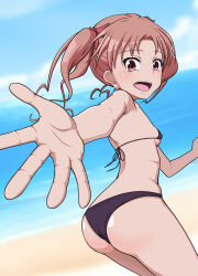 1girl ass beach bikini black_bikini blue_sky brown_hair cloud day foreshortening fujimitsu_(fujimitsuill) horizon long_hair looking_at_viewer looking_back ocean open_mouth outdoors reaching reaching_towards_viewer shirai_kuroko sky solo swimsuit toaru_kagaku_no_railgun toaru_majutsu_no_index twintails