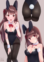 Rule 34 | 1girl, animal ears, artist name, ass, bare shoulders, black leotard, blush, bow, bowtie, breasts, brown background, brown hair, brown pantyhose, closed mouth, collar, commentary request, covered navel, detached collar, fake animal ears, girls&#039; frontline, hair ribbon, hands on own chest, hands up, head tilt, kubong, leaning forward, leotard, long hair, looking at viewer, medium breasts, multiple views, nose blush, one side up, open mouth, pantyhose, playboy bunny, rabbit ears, rabbit tail, red eyes, red neckwear, red ribbon, ribbon, simple background, strapless, strapless leotard, tail, thighband pantyhose, very long hair, wa2000 (girls&#039; frontline), white collar, wrist cuffs