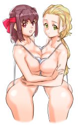 Rule 34 | 1girl, :o, absurdres, arched back, ass, blonde hair, breast press, breasts, brown eyes, brown hair, commentary, cropped legs, girls und panzer, hair pulled back, hair tie, hairband, headband, highres, hug, kondou taeko, kuppipi ramutarou, large breasts, light frown, long hair, looking at viewer, medium hair, open mouth, parted lips, ponytail, red headband, sasaki akebi, slingshot swimsuit, smile, solo, standing, swimsuit, symbol-only commentary, symmetrical docking, white hairband