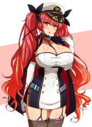 Rule 34 | 1girl, :o, afuro, azur lane, between breasts, black cape, black ribbon, blunt bangs, blush, breasts, brown thighhighs, buttons, cape, chain, cleavage, collar, covered navel, cowboy shot, double-breasted, dress, elbow gloves, garter straps, gloves, hair ribbon, hand up, hat, honolulu (azur lane), huge breasts, long hair, looking at viewer, microdress, open mouth, orange eyes, peaked cap, red hair, ribbon, shiny skin, side ponytail, solo, standing, thighhighs, twintails, two-tone background, very long hair, white dress, white gloves, white hat, zettai ryouiki