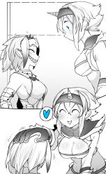 Rule 34 | 2girls, :d, absurdres, bandeau, blue eyes, blush, breasts, cleavage, gloves, grin, hairband, hand on another&#039;s head, headpat, heart, height difference, highres, horns, kirin (armor), large breasts, medium hair, monster hunter (series), multiple girls, niwarhythm, open mouth, sidelocks, single horn, smile, spoken heart, spot color