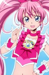 Rule 34 | 10s, 1girl, :d, blue eyes, brooch, choker, cure melody, earrings, hand on own hip, houjou hibiki, jewelry, looking at viewer, midriff, navel, oimanji, open mouth, pink hair, precure, smile, solo, suite precure, twintails
