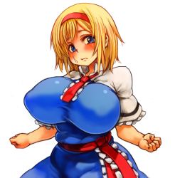 Rule 34 | 1girl, alice margatroid, before and after, belly, blonde hair, blue eyes, breasts, curvy, fat rolls, female focus, hairband, huge breasts, looking at viewer, perky breasts, plump, sachito, solo, touhou, wide hips