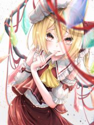Rule 34 | 1girl, :q, absurdres, adapted costume, ascot, blonde hair, blurry, blush, bow, chromatic aberration, closed mouth, commentary request, contrapposto, cowboy shot, crystal, depth of field, detached sleeves, eyebrows hidden by hair, finger to mouth, flandre scarlet, frilled shirt collar, frills, glint, grey background, hair between eyes, hair bow, hat, highres, looking at viewer, mob cap, one side up, puffy short sleeves, puffy sleeves, red bow, red eyes, red ribbon, red skirt, red vest, ribbon, short hair, short sleeves, simple background, skirt, solo, tilted headwear, tongue, tongue out, touhou, tqg 07, vest, white hat, wings, yellow ascot