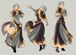 Rule 34 | 1girl, blue capelet, blue dress, blue hair, blush, blush stickers, braid, brown eyes, capelet, commentary, crown braid, dress, english commentary, epaulettes, closed eyes, fire emblem, fire emblem: three houses, flower, grey background, hand on own chest, highres, holding, holding flower, long sleeves, looking at viewer, looking away, marianne von edmund, nintendo, red flower, short hair, shy (ribboneels), simple background, smelling, smelling flower, solo