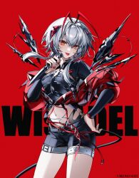 1girl :p arknights artist_name belt belt_buckle black_shirt black_shorts buckle character_name contrapposto cowboy_shot detached_wings grey_belt grey_hair hair_between_eyes hand_on_own_hip highres holding holding_knife holding_weapon knife long_sleeves looking_at_viewer medium_hair multicolored_hair navel o-ring orange_eyes red_background red_hair shirt shorts solo standing streaked_hair thigh_belt thigh_strap tongue tongue_out umeno_shii w_(arknights) weapon wings wis&#039;adel_(arknights)