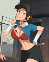 Rule 34 | 1girl, bandaged hand, bandages, barleyshake, black headwear, black skirt, blu scout (tf2), blue eyes, blue shirt, bra, breasts, cleavage, clothes lift, collared shirt, cowboy shot, fence, genderswap, genderswap (mtf), grey sky, headphones, headset, highres, holding, holding knife, knife, large breasts, linea alba, looking at viewer, microphone, navel, parted lips, photo (object), pleated skirt, red bra, red spy (tf2), scout (tf2), shirt, shirt lift, short sleeves, signature, skirt, sky, smile, solo, spy (tf2), team fortress 2, underwear