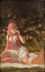 Rule 34 | 1girl, artist name, breasts, bustier, choker, cleavage, commentary, cross-laced clothes, cup, drinking, english commentary, fire emblem, fire emblem: three houses, fire emblem heroes, flower, frills, grass, hilda valentine goneril, large breasts, looking at viewer, nintendo, picnic, picnic basket, pillow, pink eyes, pink hair, ponytail, princeofduma, sitting, sitting on pillow, solo, teacup