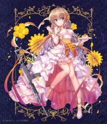 Rule 34 | 1girl, alternate hairstyle, assault rifle, blue eyes, bride, brown hair, cake, commentary request, dress, flower, fn fnc, fnc (girls&#039; frontline), fnc (strawberry cake &amp; garden cosmos) (girls&#039; frontline), food, full body, girls&#039; frontline, gun, hair ornament, highres, long hair, looking at viewer, official alternate costume, official art, plate, rifle, shenbei xiaoqiu, solo, weapon, wedding dress