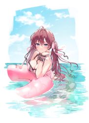 Rule 34 | 1girl, ahoge, bikini, blue sky, blush, breasts, cleavage, hair ribbon, half-closed eyes, hand on own cheek, hand on own face, highres, ichinose shiki, idolmaster, idolmaster cinderella girls, large breasts, looking at viewer, nys, outdoors, partially submerged, pink bikini, pink innertube, purple hair, reflection, reflective water, refraction, ribbon, sky, smile, solo, swimsuit, twintails, wavy hair, wrist cuffs