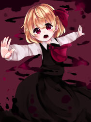 Rule 34 | 1girl, ascot, black skirt, black vest, blonde hair, bow, collared shirt, cowboy shot, hair between eyes, hair bow, head tilt, kuromame1025, long sleeves, looking at viewer, open mouth, red ascot, red background, red bow, red eyes, rumia, shirt, simple background, skirt, skirt set, solo, t-pose, teeth, touhou, vest, white shirt